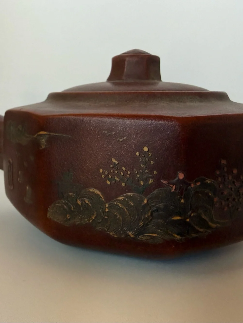 Chinese Yixing Zisha Hexagonal Teapot Gu Jingzhou Mark Calligraphy 340ml